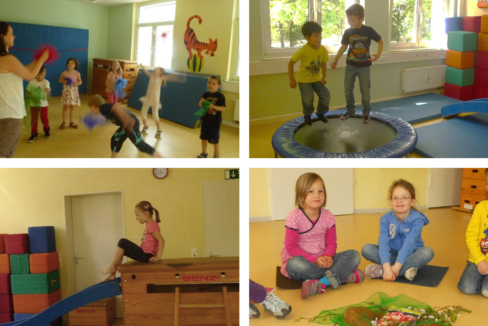 Die Kinder tanzen mit Tüchern, springen auf dem Trampolin, üben sich in Gleichgewicht und Geschicklichkeit.