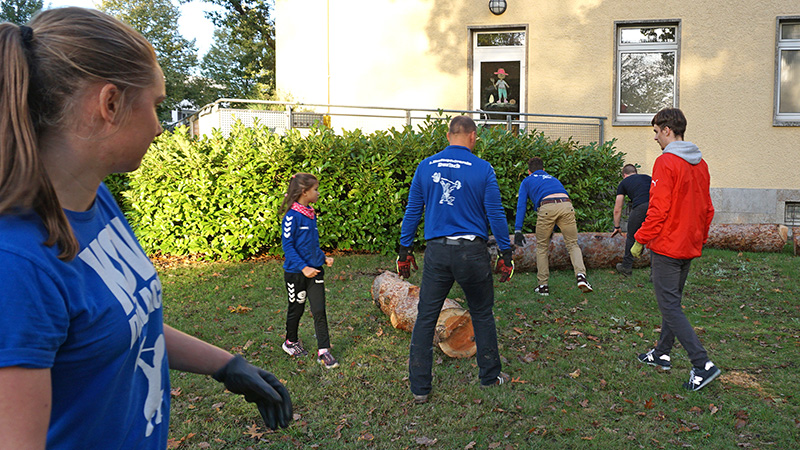 Die letzten Stämme werden an ihren Platz gebracht. Mehrere Kraftsportler*innen beim Platzieren der restlichen Stämme