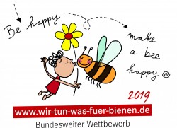 Logo Wettbewerb: Mensch, Blume und Biene. Text "Be happy - make a bee happy"