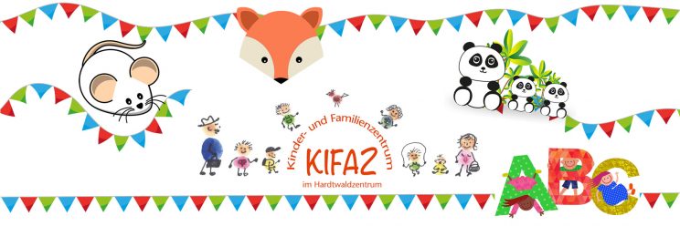 Collage: Logo KiFaz, Wimpelkette, Maus, Fuchs, Pandas und ABC