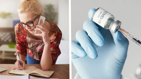 Collage: Eine Frau mit Smartphone und Notebook notiert etwas in einen Kalender. Eine medizinische Fachkraft zieht eine Spritze mit einem Impfstoff auf.