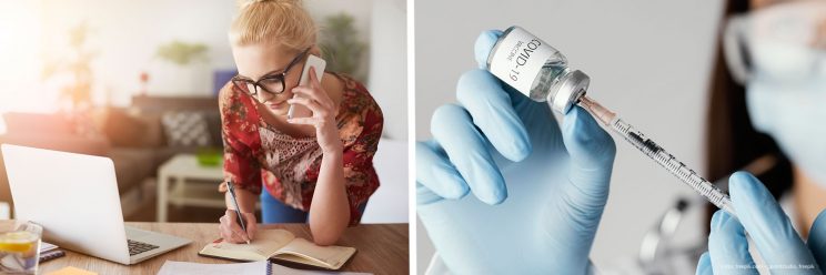 Collage: Eine Frau mit Smartphone und Notebook notiert etwas in einen Kalender. Eine medizinische Fachkraft zieht eine Spritze mit einem Impfstoff auf.