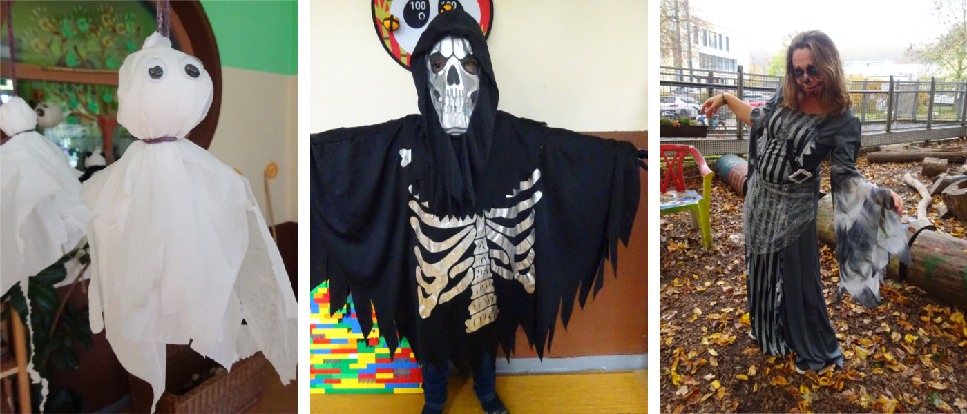 Collage: gebasteltes Gespenst, Kind in Skelett-Kostüm, Frau in Skelett-Verkleidung