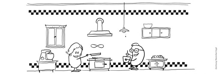 Zeichnung: Küchenszene: Eine Figur steht an einem Herd und wirft einen Pfannkuchen in die Höhe. Eine andere Figur steht gegenüber und rührt in einer Schüssel.