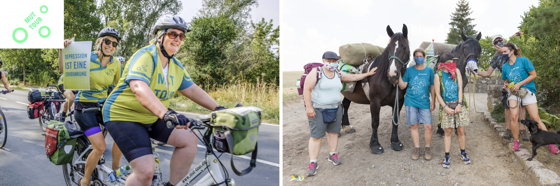 Menschen auf dem Fahrrad und eine Wandergruppe mit Pferden