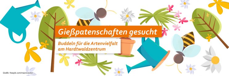 Grafik mit Gießkannen, Blumen, Bäumen und Bienen. Text: Gießpatenschaften gesucht