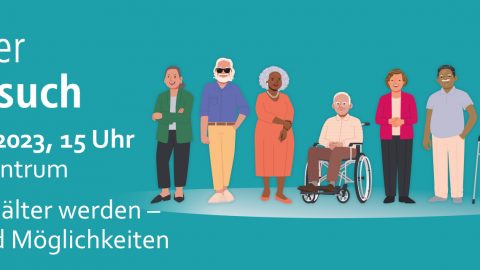 Grafik: Unterschiedliche ältere Menschen stehen nebeneinander und lächeln freundlich. Text: Karlsruher Hausbesuch, Vortrag 03.02.2023, 15 Uhr