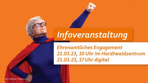 "Superwoman" mit energischem Blick. Text: Infoveranstaltung Ehrenamtliches Engagement