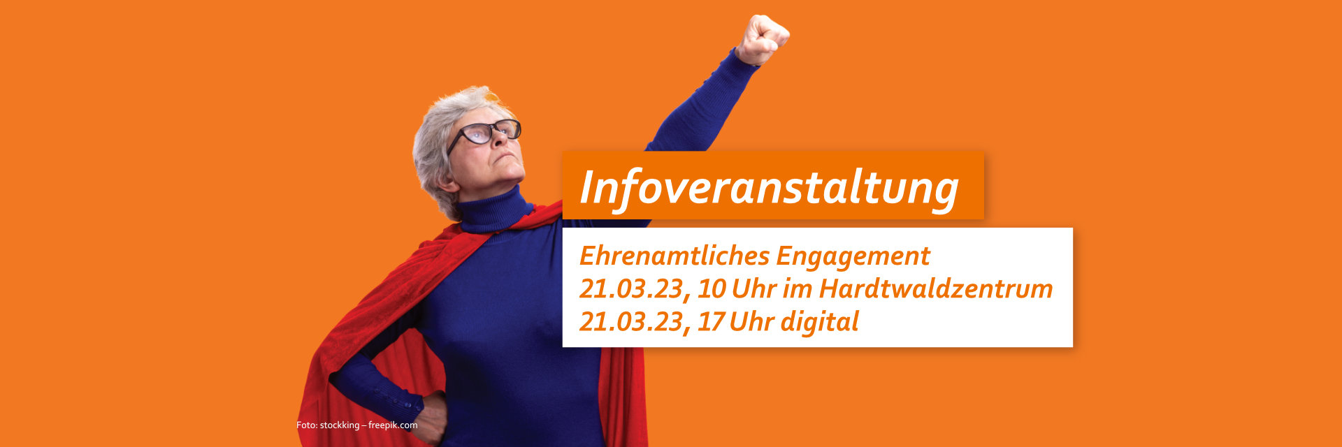 "Superwoman" mit energischem Blick. Text: Infoveranstaltung Ehrenamtliches Engagement