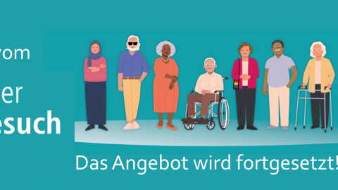 Grafik: Unterschiedliche Menschen, Text: Karlsruher Hausbesuch - das Angebot wird fortgeführt