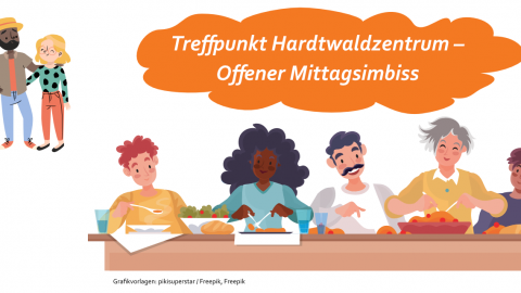 Grafik: Menschen sitzen am Tisch und Essen. Text: Treffpunkt Hardtwaldzentrum, Offener Mittagsimbiss