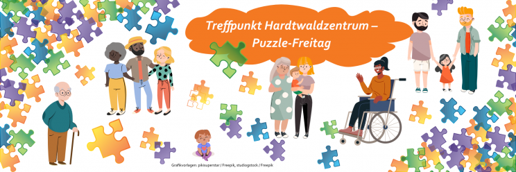 Text: Treffpunkt Hardtwaldzentrum - PuzzleFreitag. Grafik: Viele Puzzleteile, vreschiedene Menschen