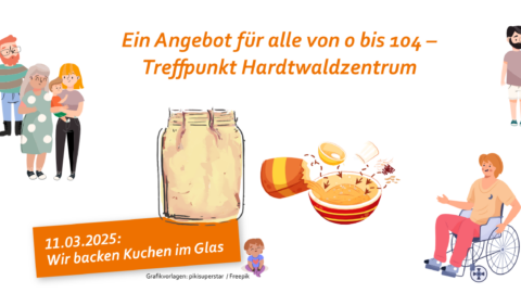 Grafik: Verschiedene Menschen, Kuchen, Zutaten für Kuchen. Text: Ein Angebot für alle von 0 bis 104