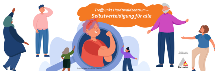 Banner illustration promoting a self-defense program for everyone: diverse adults around a central circular emblem with an orange speech cloud reading 'Treffpunkt Hardtwaldzentrum – Selbstverteidigung für alle'